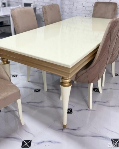 Раздвижной стол 3812 с 6 стульями в бежево-золотистом цвете — купить в Дагестане — фото 1