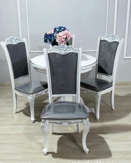 Стол и стулья в белом глянце с серой обивкой — купить в Дагестане — купить в Дагестане