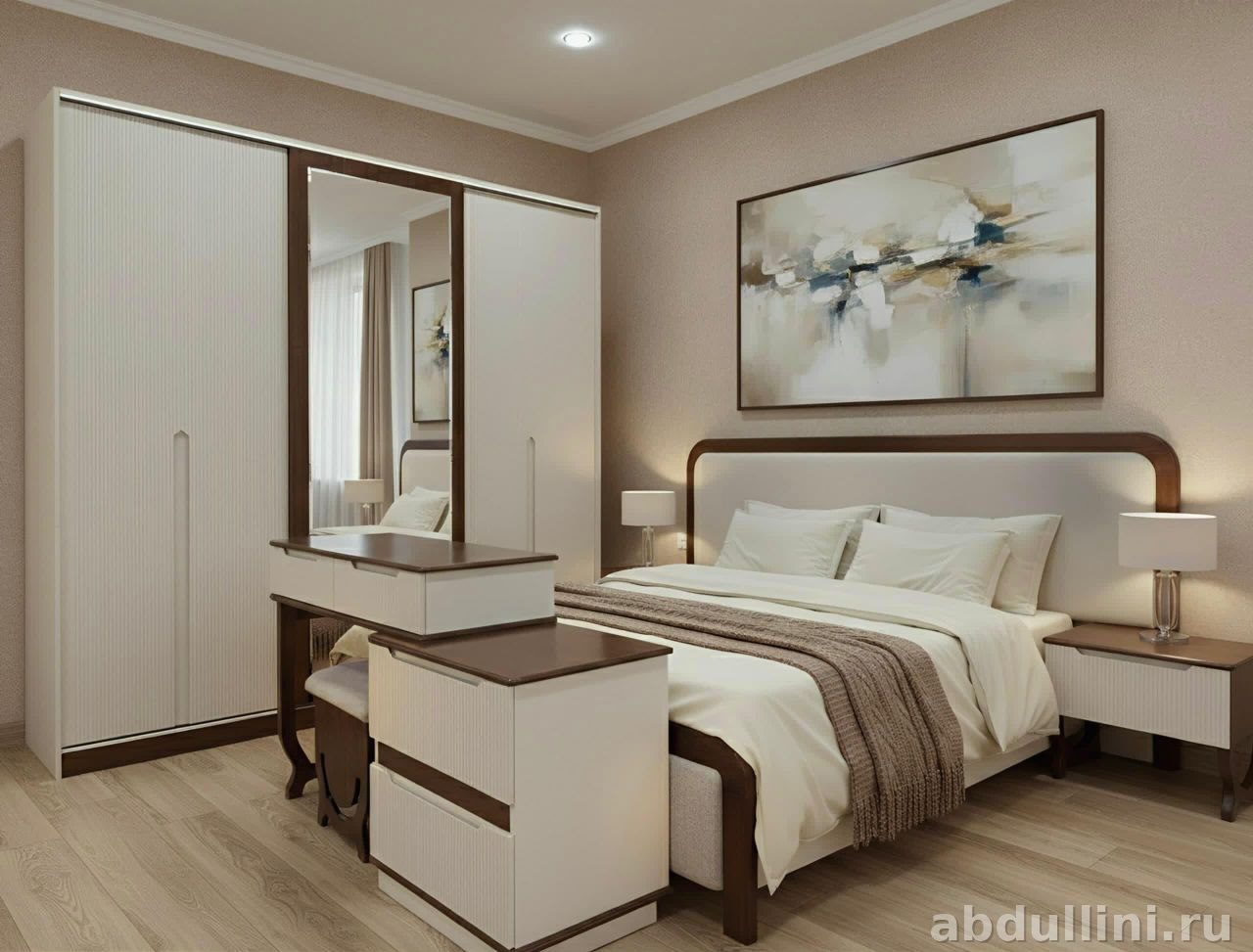 Спальня «Наоми»: кровать, шкаф-купе, тумбочки, столик в Дагестане — купить в Дагестане