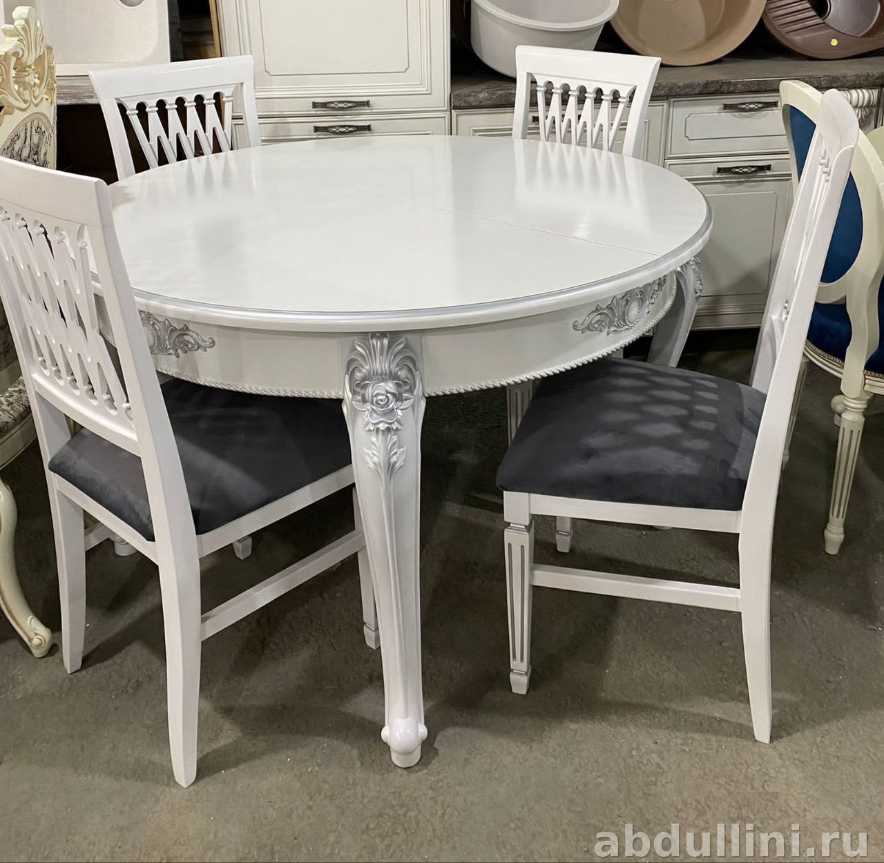 Обеденный стол раскладной 120/160 с 4 стульями в белом цвете (120/160, 4 стула)