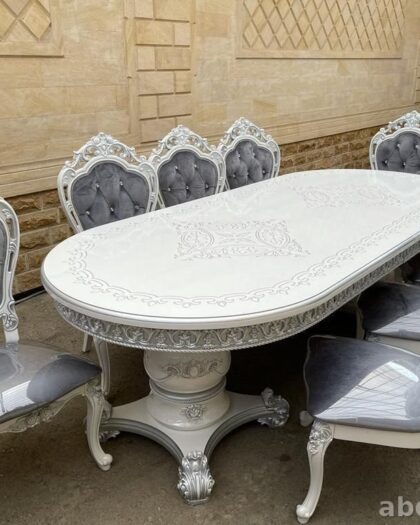 Обеденный стол и стулья 432 в белом с серебристой отделкой — купить в Дагестане