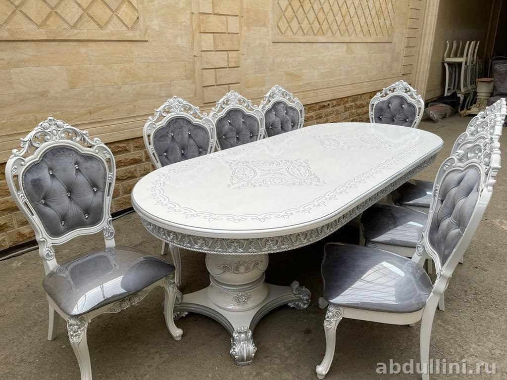 Обеденный стол и стулья 432 в белом с серебристой отделкой — купить в Дагестане