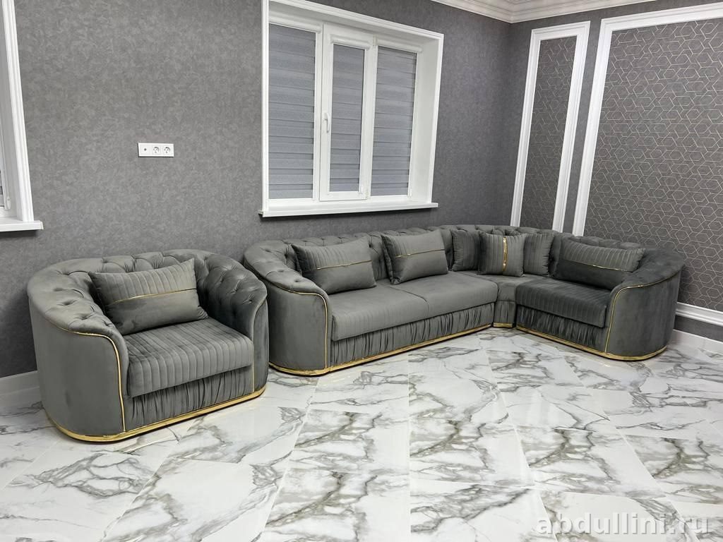 Угловой диван и кресло в стиле неоклассика с золотистой отделкой — купить в Дагестане — фото 1