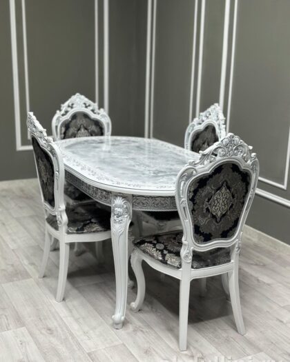 Раздвижной стол Роза и стулья Мини Шейх — купить в Дагестане (белый/серебро мрамор) — купить в Дагестане — фото 1