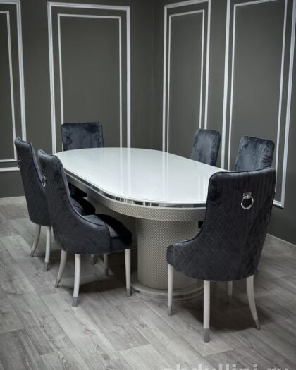 Обеденный стол и стулья в белом цвете с золотым оттенком (золотой оттенок) — купить в Дагестане — фото 1