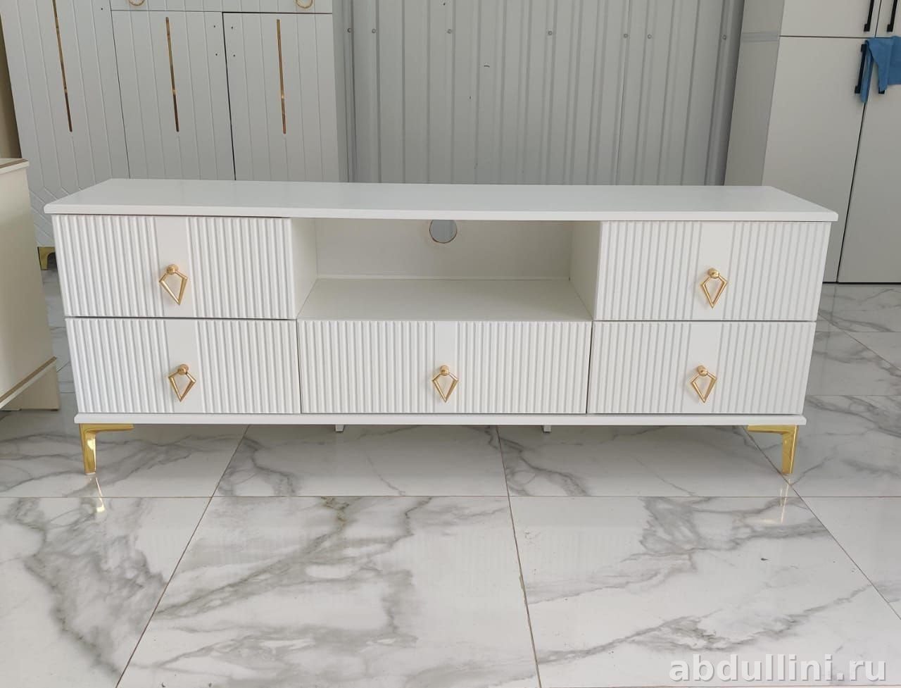 ТВ тумба «Рофа» белая с золотистой фурнитурой — купить в Дагестане — купить в Дагестане