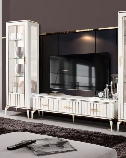 Мебельный комплект 3975: ТВ-тумба и шкафы-витрины в белом цвете — купить в Дагестане