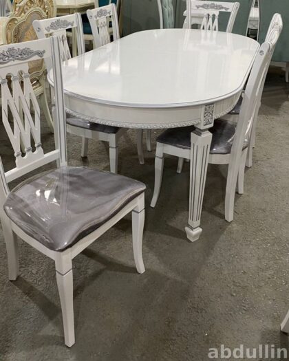 Обеденный комплект стол и стулья белый глянец с серебристыми узорами — купить в Дагестане