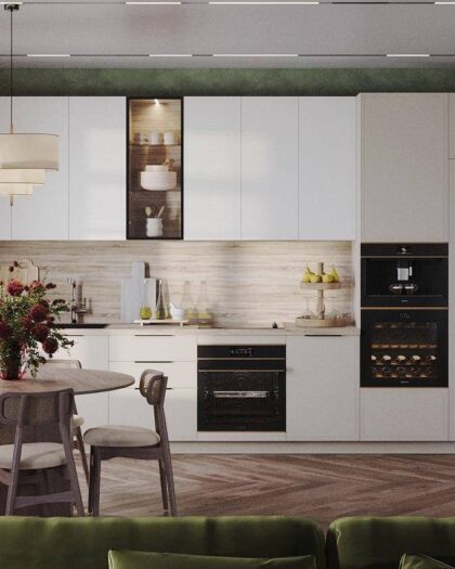 Кухня «Новиа» — модный гарнитур с пеналом и кофемашиной — купить в Дагестане