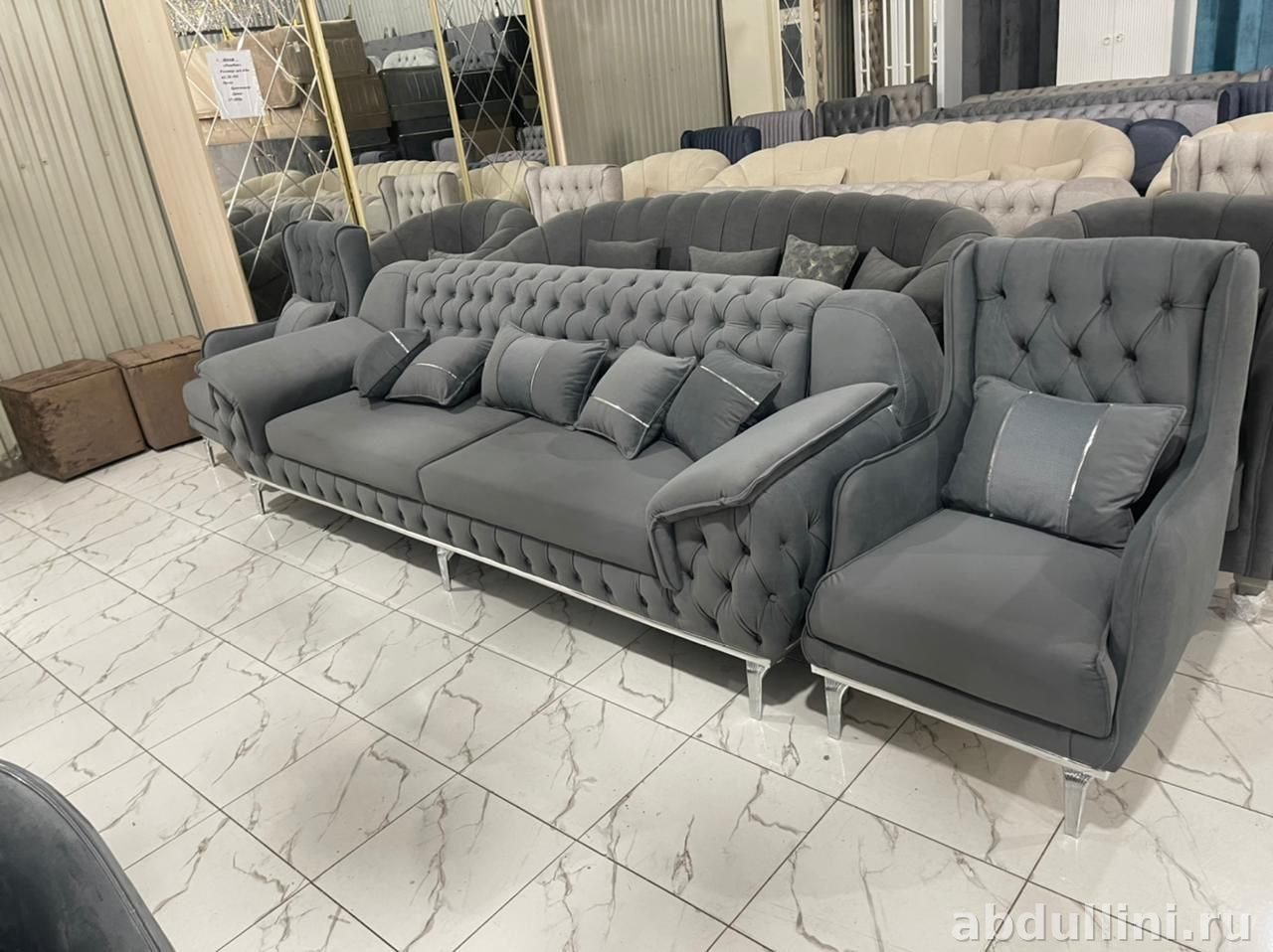 Диван и кресло 1946 в сером велюре с капитоне — купить в Дагестане — купить в Дагестане
