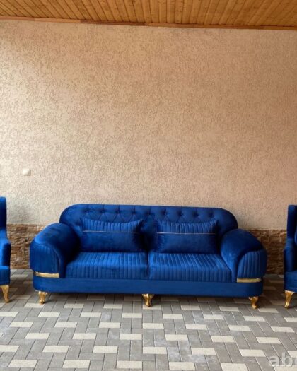 Диван и кресла «Манго» в Дагестане — синий бархат с золотом — купить в Дагестане — фото 1