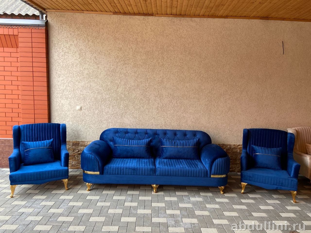 Диван и кресла «Манго» в Дагестане — синий бархат с золотом — купить в Дагестане — фото 1